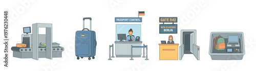 Airport travel security checkpoints and boarding gate process illustration detailing the various stages and procedures for air passengers at an international terminal.