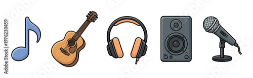 Music and audio equipment collection features various instruments and sound devices, including a guitar, headphones, speaker, microphone, and musical note, presente