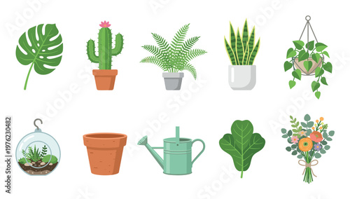 Various houseplants and gardening elements are beautifully illustrated in a flat design style, perfect for home decor and nature-themed projects.