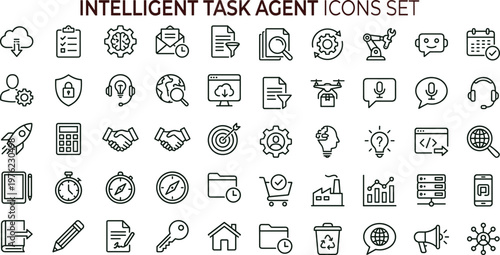 Intelligent task artificial intelligence agent outline icon set for automation analytics dashboards applications interfaces workflow management and smart digital productivity systems