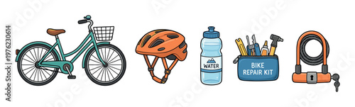 Various cycling accessories and equipment for safe riding, including a bicycle, helmet, water bottle, repair kit, and lock, are essential for any cyclist.