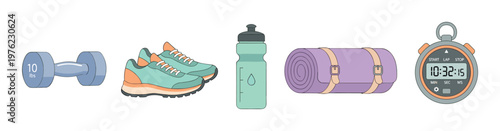 Fitness equipment and accessories for a healthy lifestyle, including a dumbbell, running shoes, water bottle, yoga mat, and stopwatch, essential for exercise.