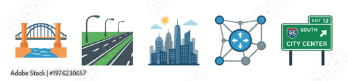 Urban infrastructure and navigation icons representing city life, transportation, and digital connectivity with various essential elements in a flat design style.