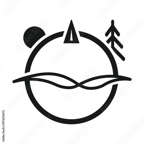 Minimalist Circular Nature Logo with Sun Pine Tree and Abstract Wave Design
