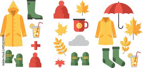 Autumn Weather and Clothing Icons Set with Raincoat, Umbrella, Leaves, Boots, Gloves, and Hot Drinks for Fall Season Concepts