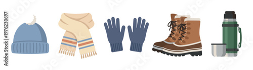Essential winter clothing accessories and gear, including a warm hat, cozy scarf, gloves, sturdy boots, and a thermos, are displayed together.