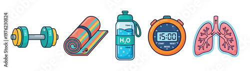 Fitness and health essentials including a dumbbell, yoga mat, water bottle, stopwatch, and lungs illustration, representing a holistic approach to well-being.