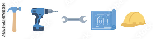 Construction tools, blueprint, and protective hard hat are neatly arranged in a colorful flat vector illustration representing building, repair, and home improvement projects.