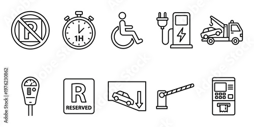 Parking and vehicle service icons set featuring various symbols for transportation, accessibility, charging, restricted areas, and payment options.