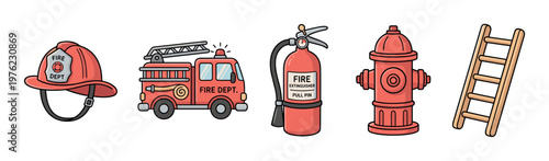 Various fire safety equipment and tools, such as a firefighter helmet, emergency truck, extinguisher, hydrant, and ladder, are depicted in a vibrant cartoon style.