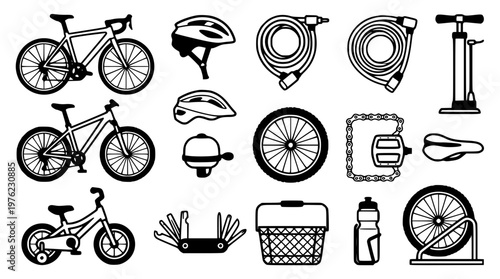 Vector graphic illustration of various bicycle accessories and parts