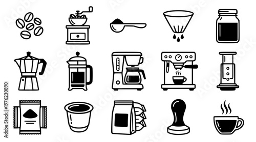 Vector graphic illustration of various coffee related items and appliances