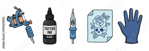 Tattoo equipment and supplies collection featuring a coil machine, black ink bottle, needle cartridge, skull rose design, and protective glove.