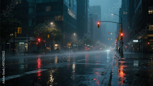 A rainy city street at night with traffic lights and tall buildings in the background
