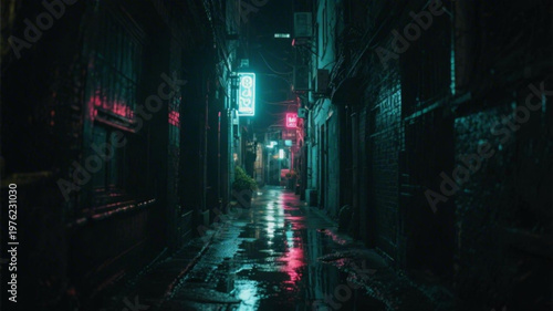 A dark and moody city alleyway at night with neon lights reflecting off the wet pavement