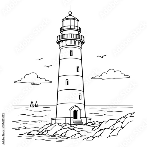 A towering white lighthouse stands as a historic stone landmark on the rocky coastline between the blue sea and the sky, ensuring the safety of navigation