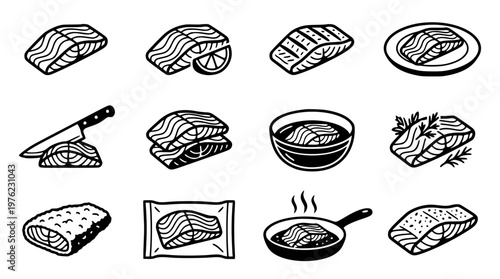 Various vector illustrations of bacon slices and dishes