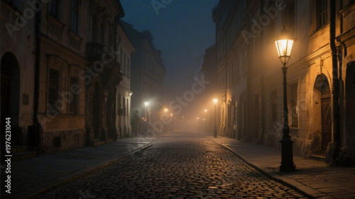A dimly lit cobblestone street at night with old buildings and street lamps