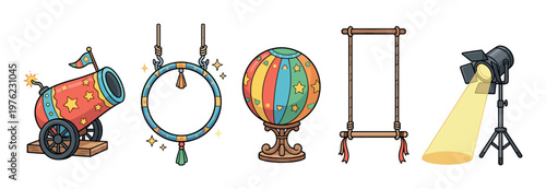 Circus elements collection features a cannon, hoop, ball, trapeze, and spotlight, all depicted in a vibrant cartoon style for entertainment.