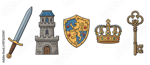 Royal medieval fantasy objects collection featuring a sword, castle tower, shield, crown, and an old skeleton key, representing power and adventure.