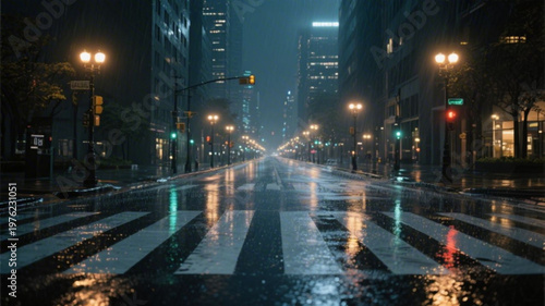 A rainy city street at night with tall buildings and streetlights reflecting off the wet pavement