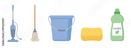 Various cleaning supplies and equipment for household chores, including a steam mop, traditional mop, bucket, sponge, and cleaning liquid bottle, essential for maintaining a tidy home.