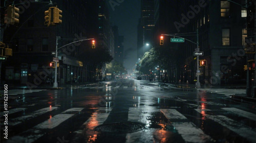 A dark and rainy city street at night with traffic lights and wet pavement