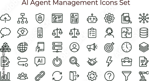 Artificial intelligence agent management outline icon set for analytics dashboards applications interfaces workflow automation presentations and smart digital administration systems
