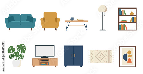 Home furniture and decor items collection in a modern flat design style, perfect for interior design concepts and digital illustrations.