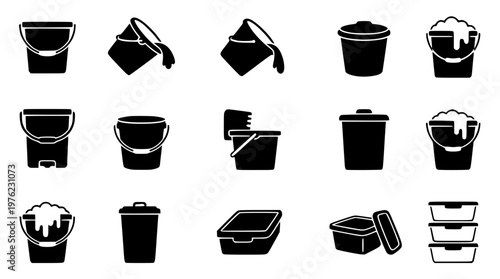 Black and white vector illustration of various bucket designs