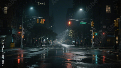 A dark and rainy city street at night with traffic lights and wet pavement