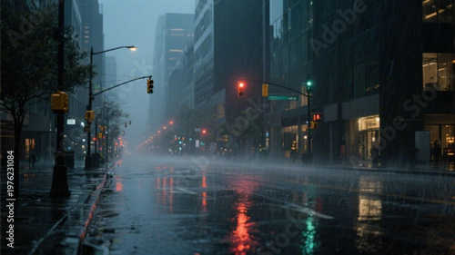 A rainy city street at night with tall buildings and traffic lights reflecting off the wet pavement.