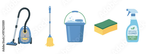 Various cleaning supplies and equipment including a vacuum cleaner, mop, bucket, sponge, and spray bottle, arranged neatly to represent household chores and professional cleaning services.