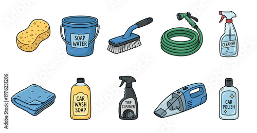 Car wash and detailing supplies collection for automotive cleaning maintenance, featuring various tools and liquids to keep vehicles sparkling clean.