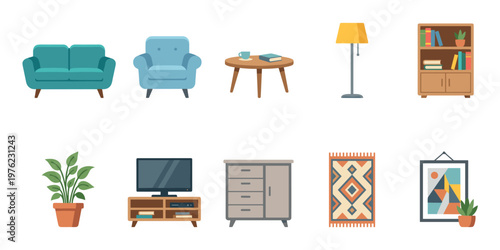 Home furniture and decor items are depicted in a flat design style, showcasing a variety of essential pieces for modern living spaces and interior design concepts.