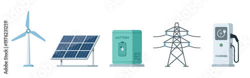 Renewable energy sources, battery storage, and electric vehicle charging station icons illustrate the modern sustainable power grid infrastructure.