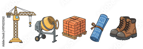 Construction tools and equipment, building materials, and safety gear are neatly arranged, showcasing essential items for any building project in a charming cartoon style.