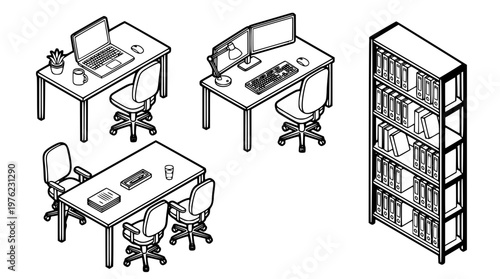 Office workspace with desks, chairs, and bookshelves illustration