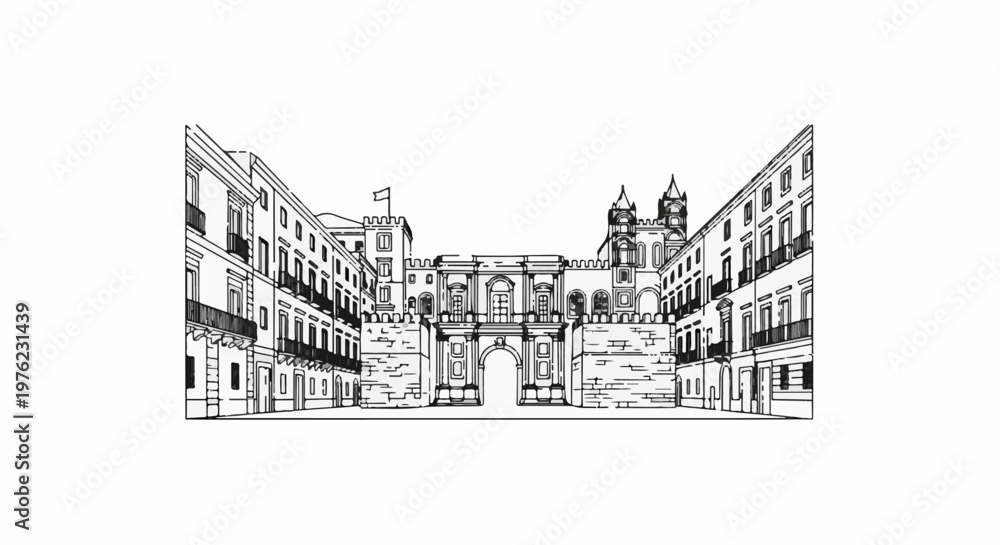 Obraz premium Ornate arched gateway flanked by multi-story buildings and crenellated walls