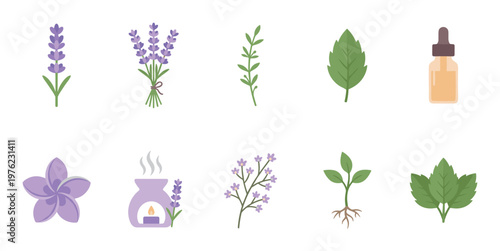 Aromatherapy and natural remedies flat design icons collection featuring lavender flowers, essential oil, and various green herbs for wellness and relaxation concepts.