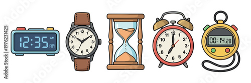 Different types of time measuring devices including digital clocks, wristwatches, hourglasses, alarm clocks, and stopwatches are neatly arranged in a row.