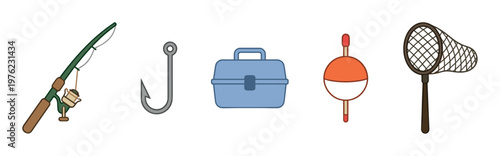 Fishing equipment set including rod, hook, tackle box, bobber, and net provides all the essential tools for a successful day of angling.