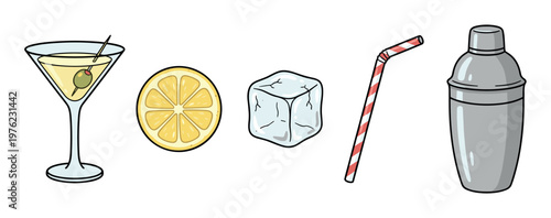 Cocktail bar items, including a martini glass, lemon, ice cube, straw, and shaker, are presented as a vibrant cartoon illustration.