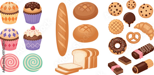 Bakery and Sweet Food Icons Set Featuring Bread Cupcakes Cookies Donuts and Chocolate Desserts for Pastry and Confectionery Design