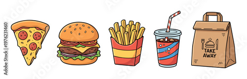 Pizza, burger, fries, soda, takeaway bag, fast food meal. This collection of popular quick-service dishes is perfect for delivery and convenient dining.