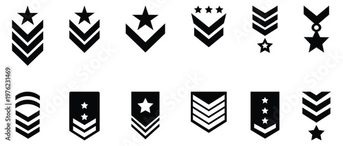 Set of army sergeant silhouette icons. Officer chevron badges with stars. Soldier rank icons with officer, constable badge insignia, sergeant, major, colonel emblem and more. Military badge symbol.