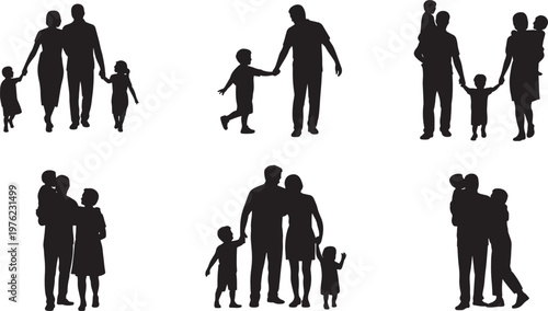 Silhouette family generations walking together in minimalist flat design illustration