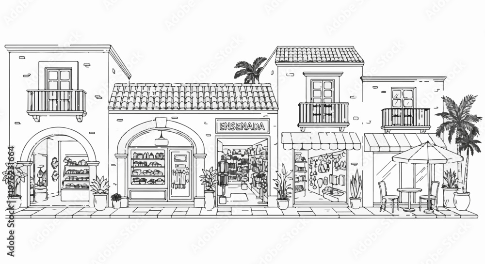 Obraz premium Line drawing of a row of shops with tiled roofs and palm trees