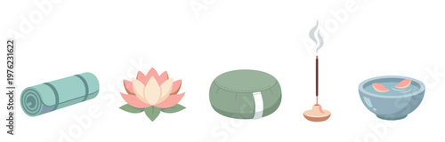 Collection of essential yoga and meditation items for mindfulness practice, including a mat, lotus flower, cushion, burning incense, and a bowl of petals.