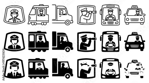 Vector graphic illustration of various driver icons and vehicles